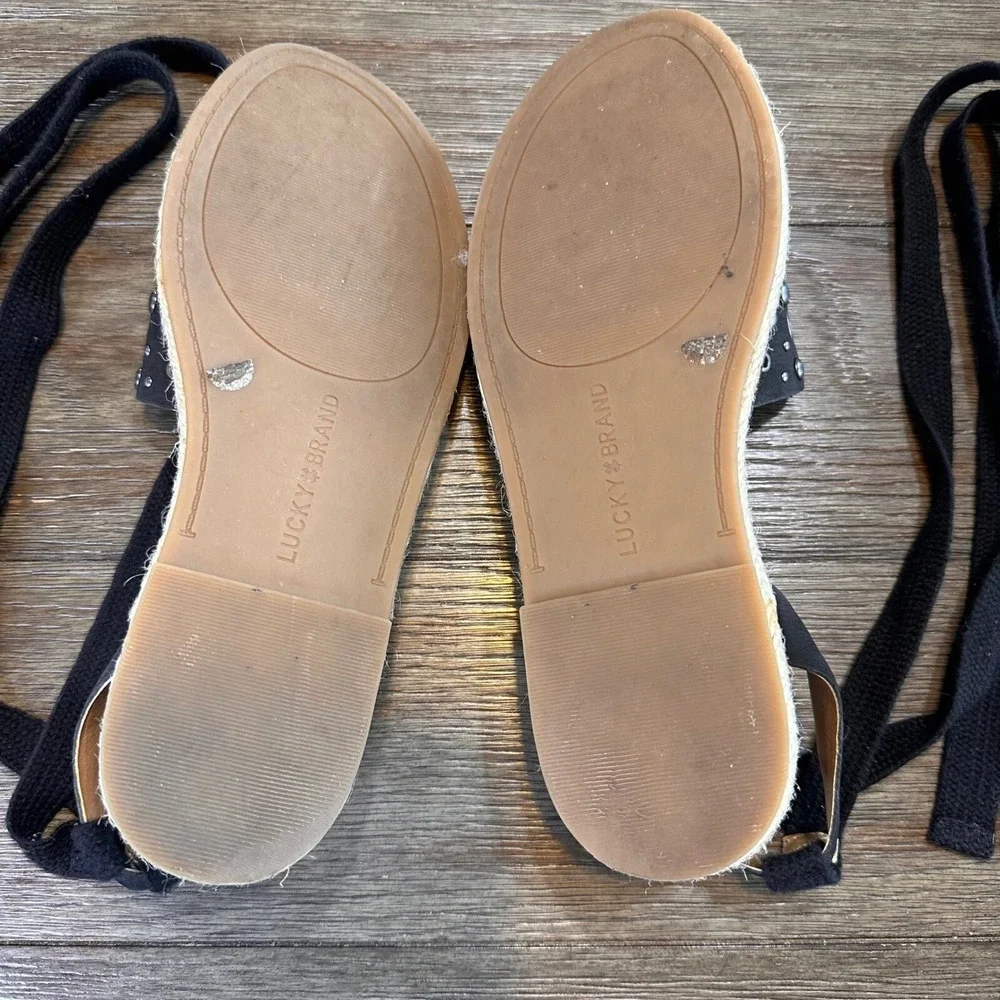 Lucky Brand Daytah 2 Black Leather Studded‎ Ankle Tie Espadrille Sandals 6M